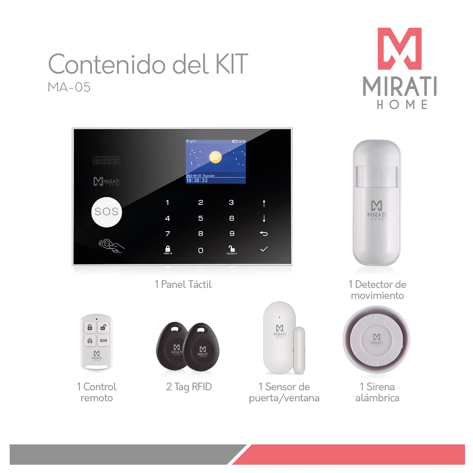 Kit de Alarma Integral 4G, Mirati Home MA-05, Wi-Fi, Panel Táctil, compatible con Alexa y Google Assistant
