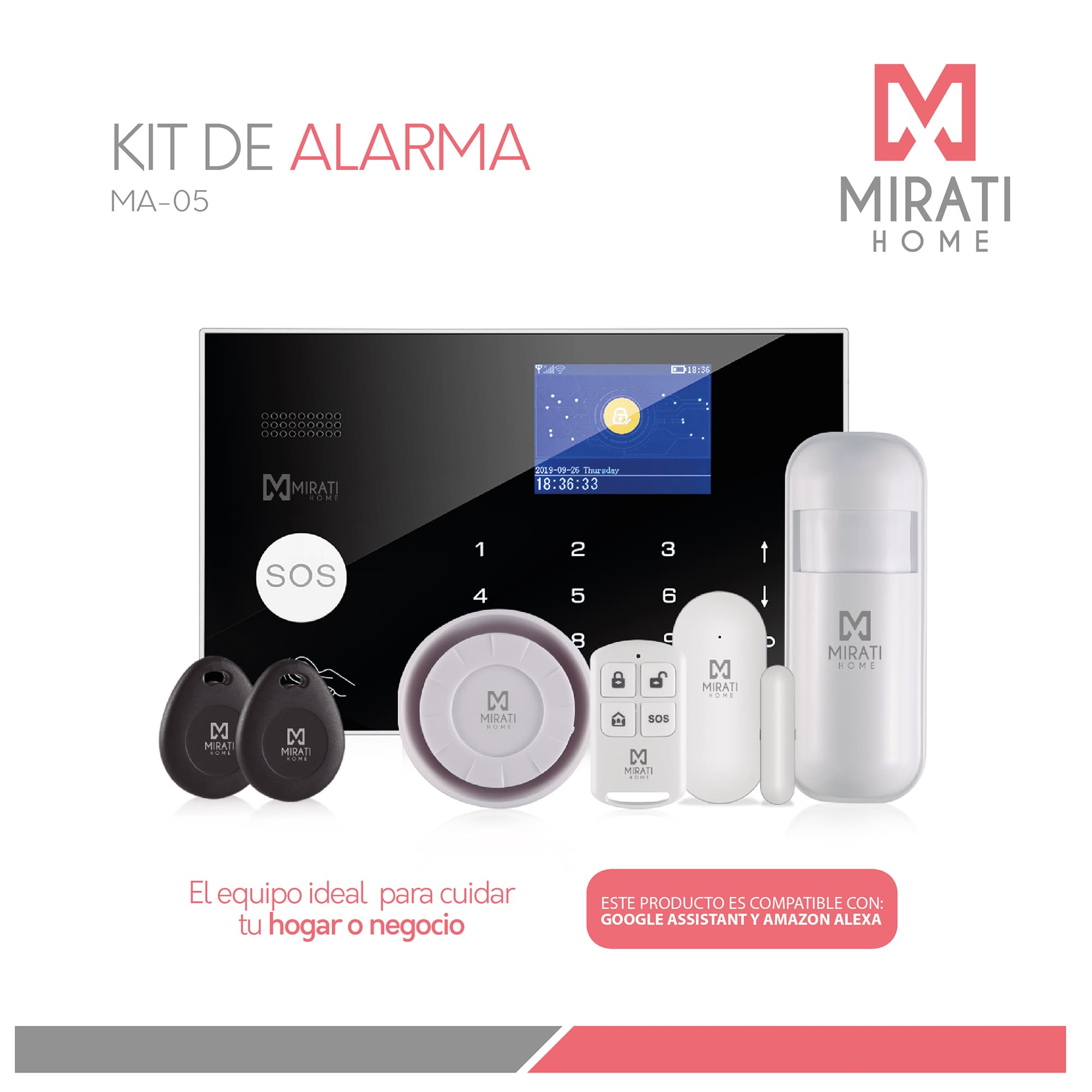 Kit de Alarma Integral 4G, Mirati Home MA-05, Wi-Fi, Panel Táctil, compatible con Alexa y Google Assistant