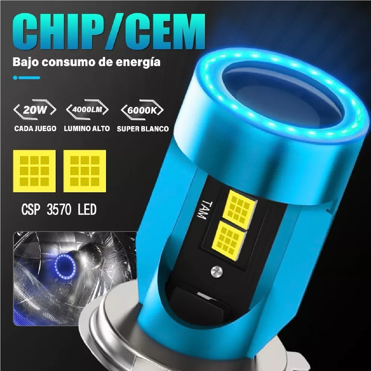 Faros Led Para Moto H4 9003 Hb2 Ojos De Angel 12v-80v 60w Azul H4