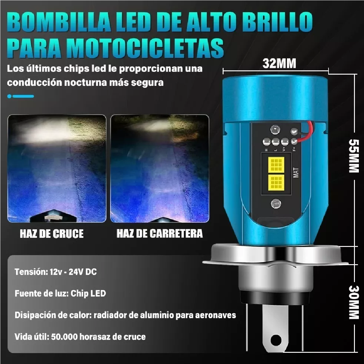 Faros Led Para Moto H4 9003 Hb2 Ojos De Angel 12v-80v 60w Azul H4