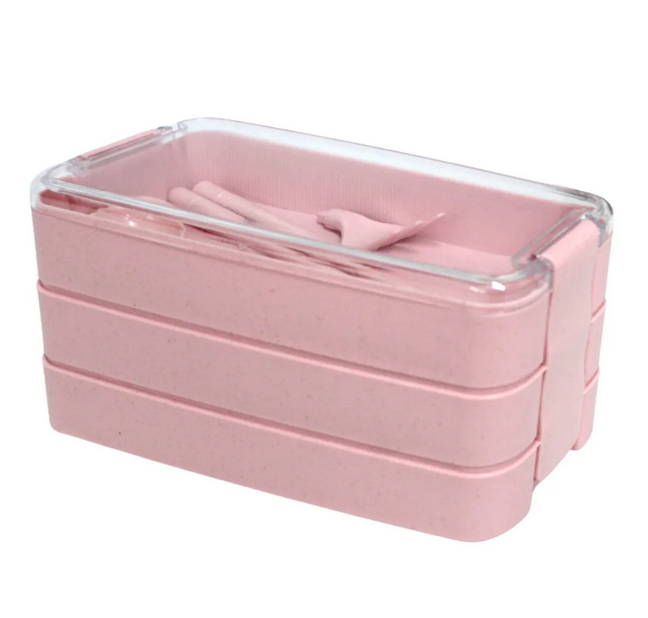 Lunch Box Tupper Rosa Fiambrera de 3 niveles con cubiertos 900 ml