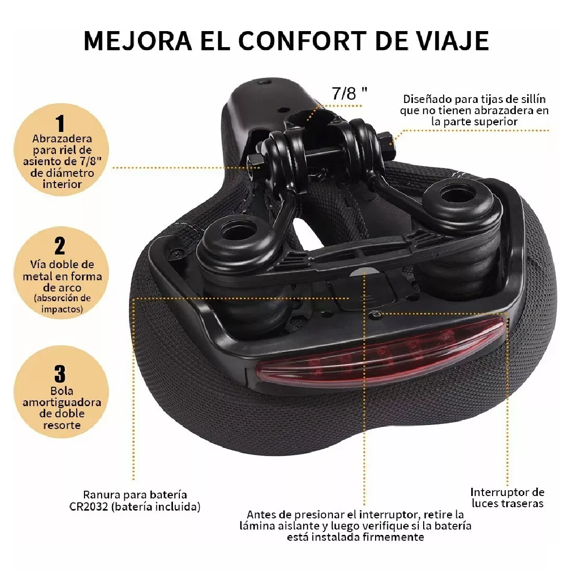Asiento De Bicicleta Cómodo Con Cojín Suave Y Luz Trasera