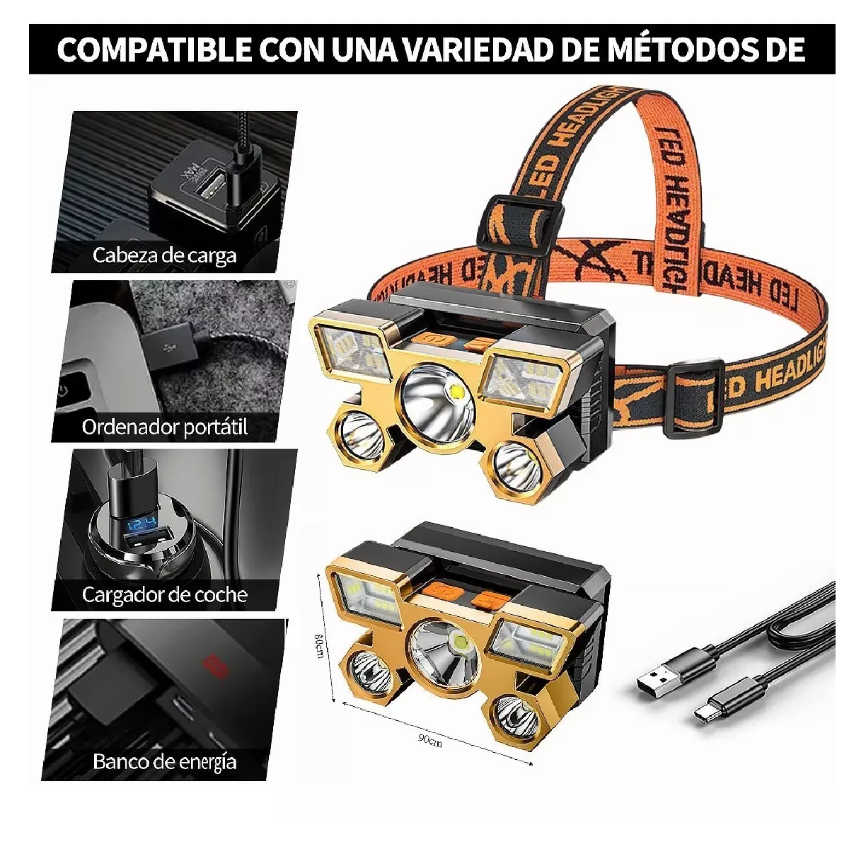 Lámpara Cabeza Led Usb Linterna Frontal Recargable 5 Leds