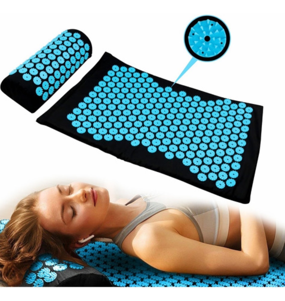 Alfombrilla De Acupresión Y Almohada Para Relajación Muscular Azul con Negro