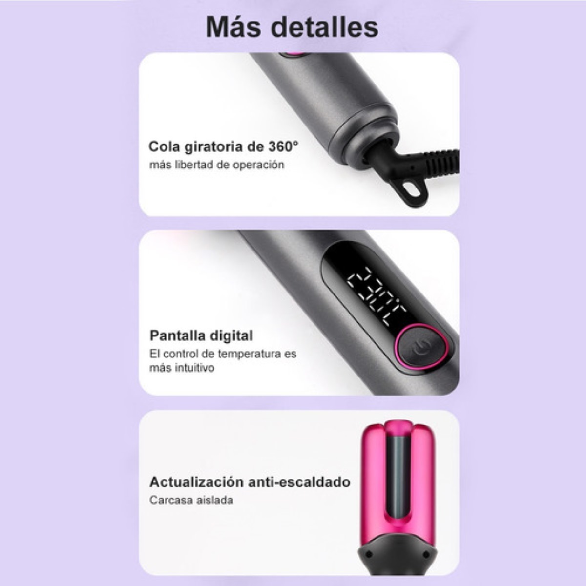 Rizadora Para El Cabello Automático Con LCD gris con rosa