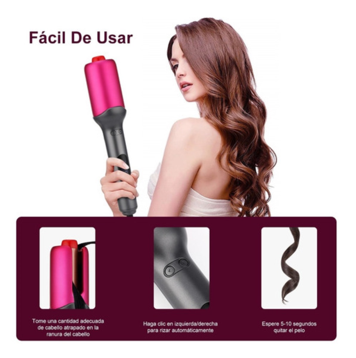 Rizadora Para El Cabello Automático Con LCD gris con rosa