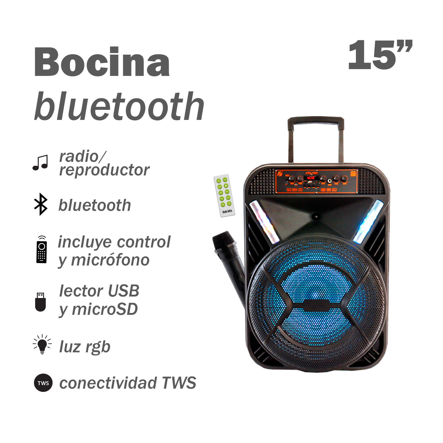 Bocina Portátil de 15" con Bluetooth y Micrófono Link Bits KTS-1501