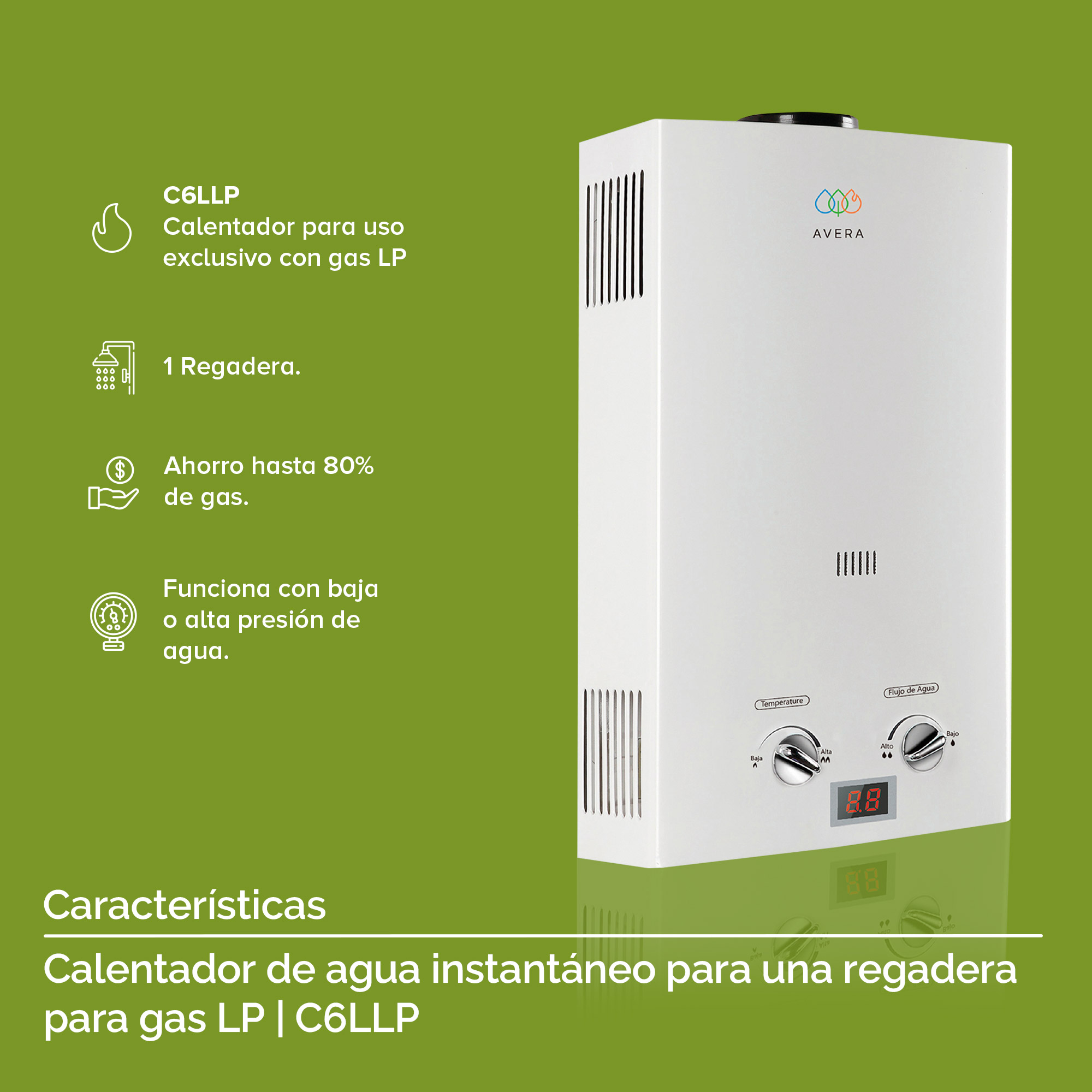 AVERA Calentador Boiler de Agua Instantáneo para Gas LP 1 servicio C6L