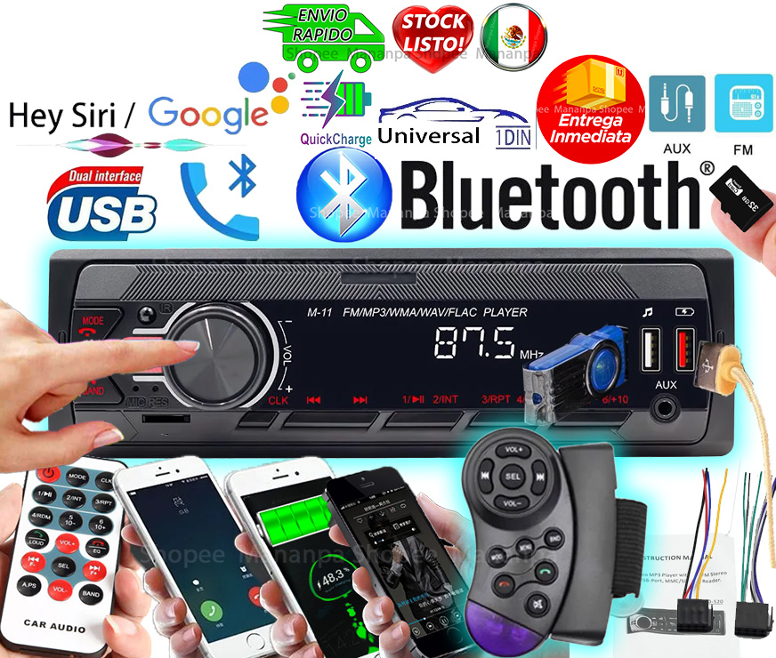 Autoestéreo Con Mp3, 2 Puertos USB Bluetooth 1 Din
