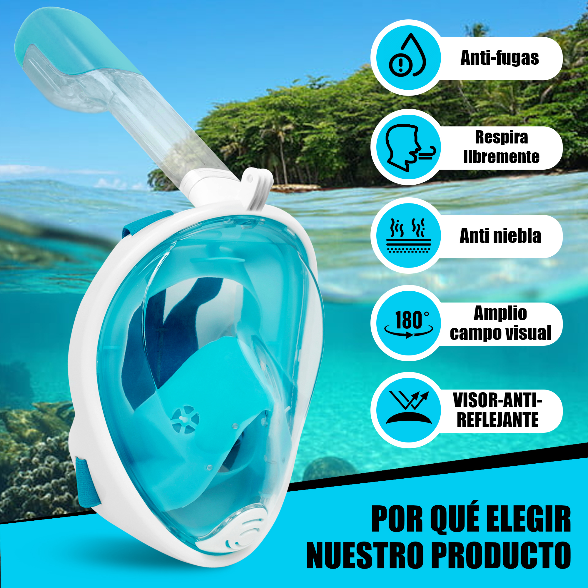 Máscara de Snorkel- Buceo Azul con Anti-Empañante Talla Grande