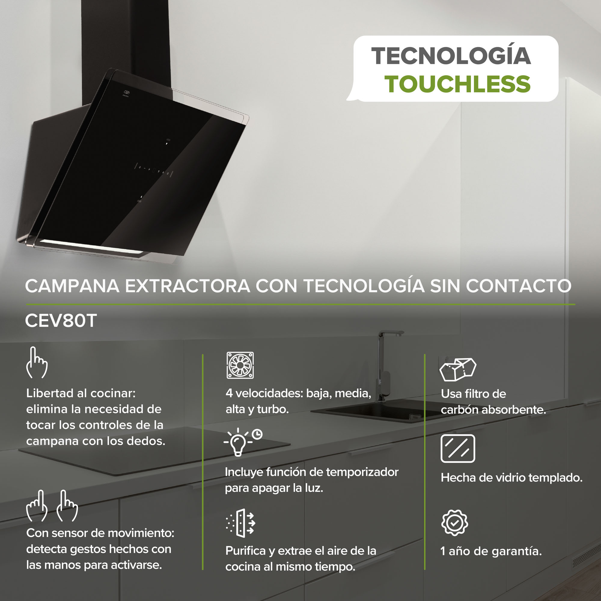 AVERA Campana Extractora De Pared 80 CM Touchless CEV80T 