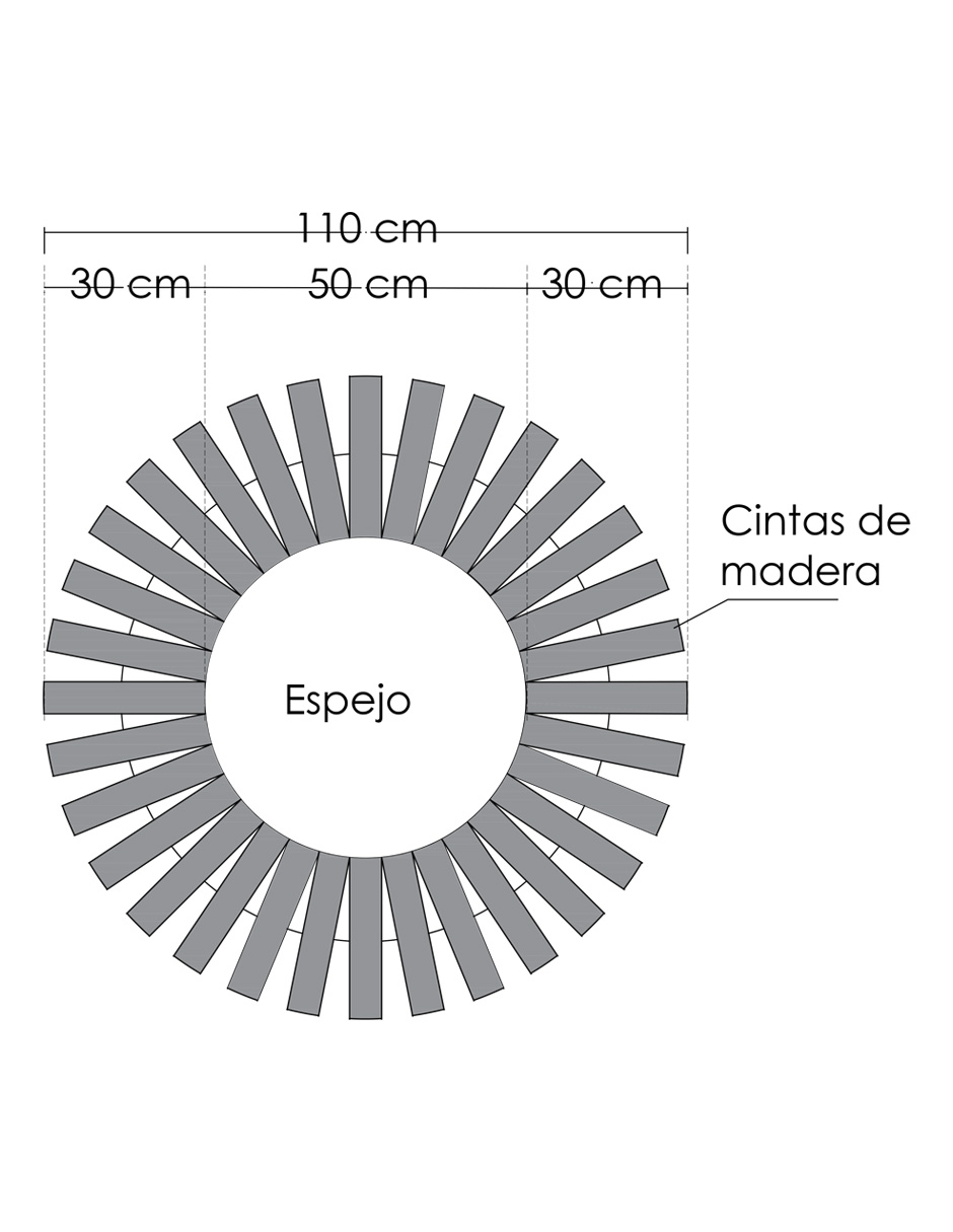 Espejo Redondo Con Marco De Madera en forma de Sol 110 cm.