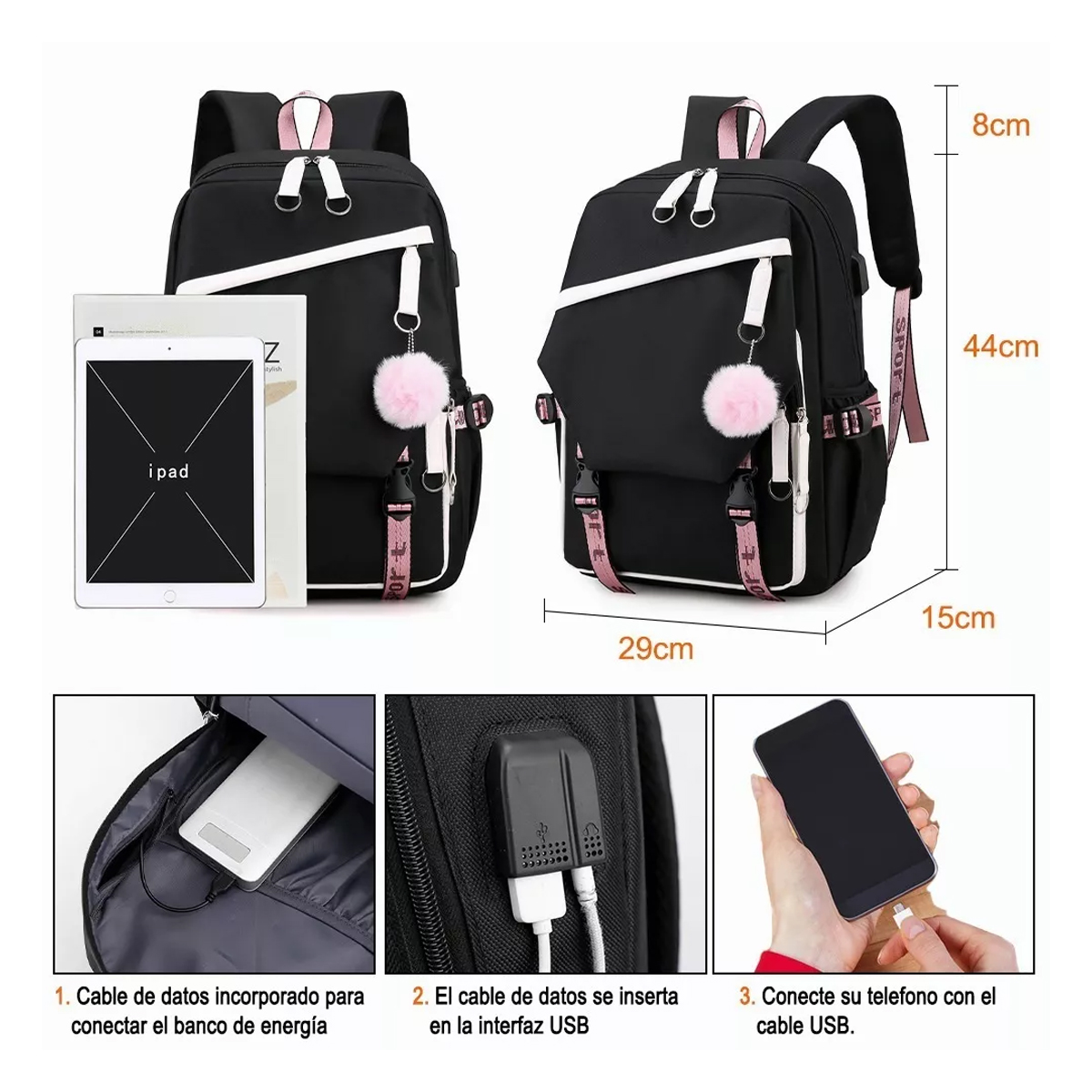Mochila Kawaii Estilo Coreano Juvenil Moda Con Puerto Usb