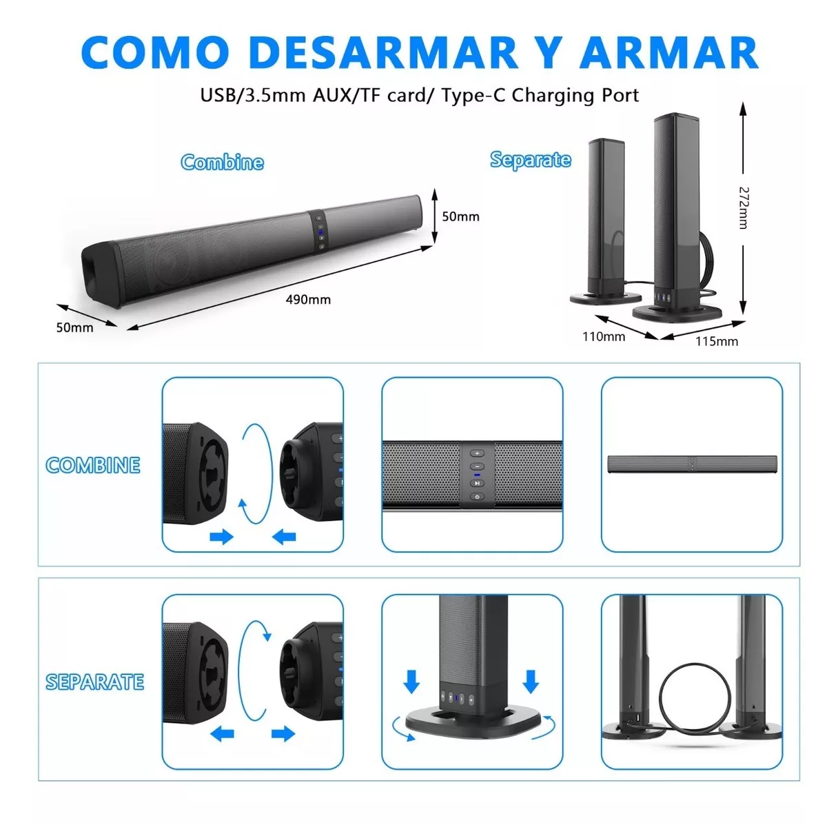 Barra De Sonido Eleoption Desmontable Y Recargable Bluetooth