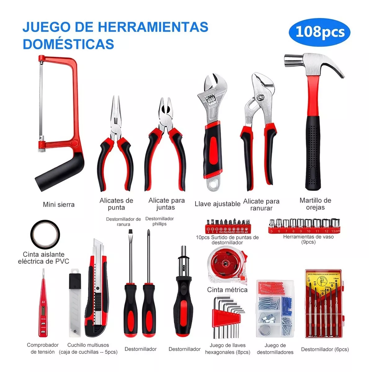 Kit De Herramientas Mecánicas Manuales 108 Pcs Con Matraca