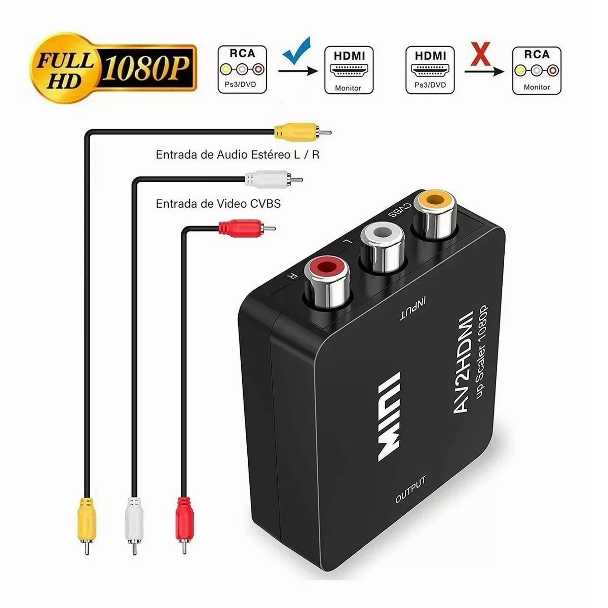 Adaptador Rca Vga A Hdmi 1080p Convertidor De Audio Y Video