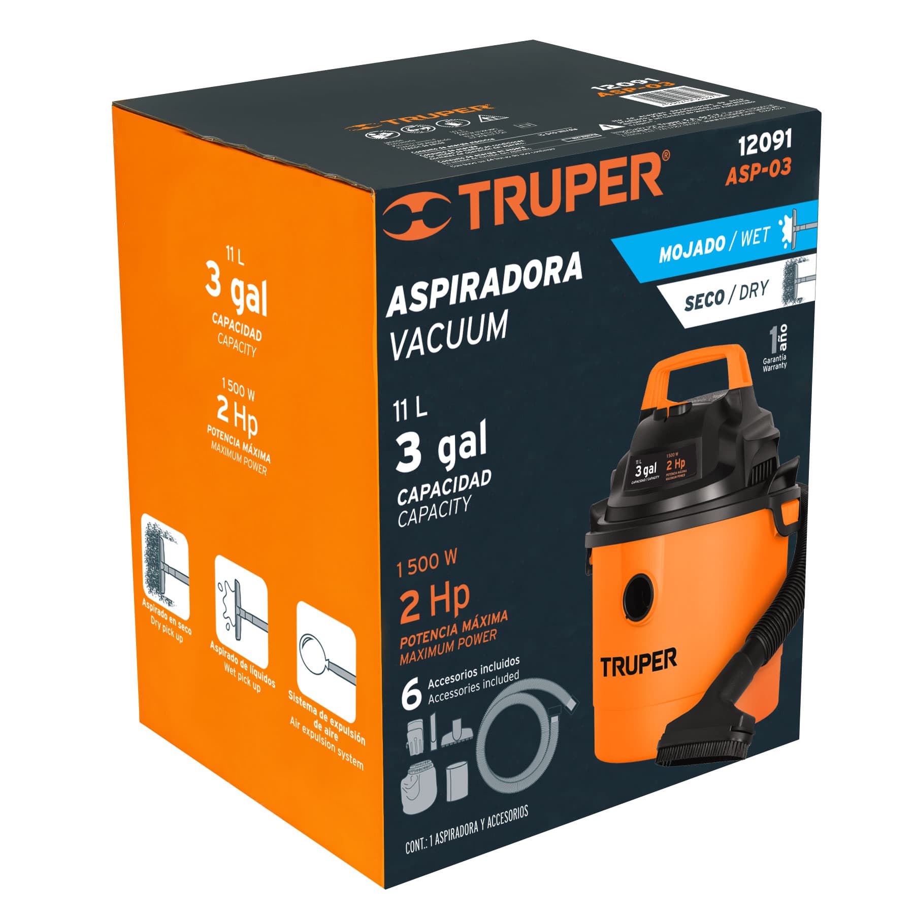 Aspiradora de solidos y lÌquidos de 3 gal, plastica, Truper 12091