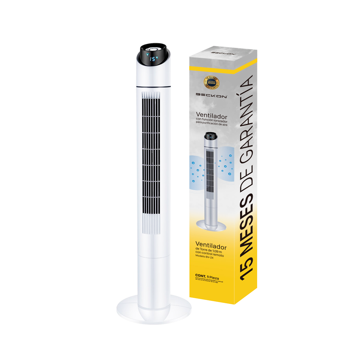 Ventilador de torre con ionizador Oscila 109cm Blanco + control remoto Beckon