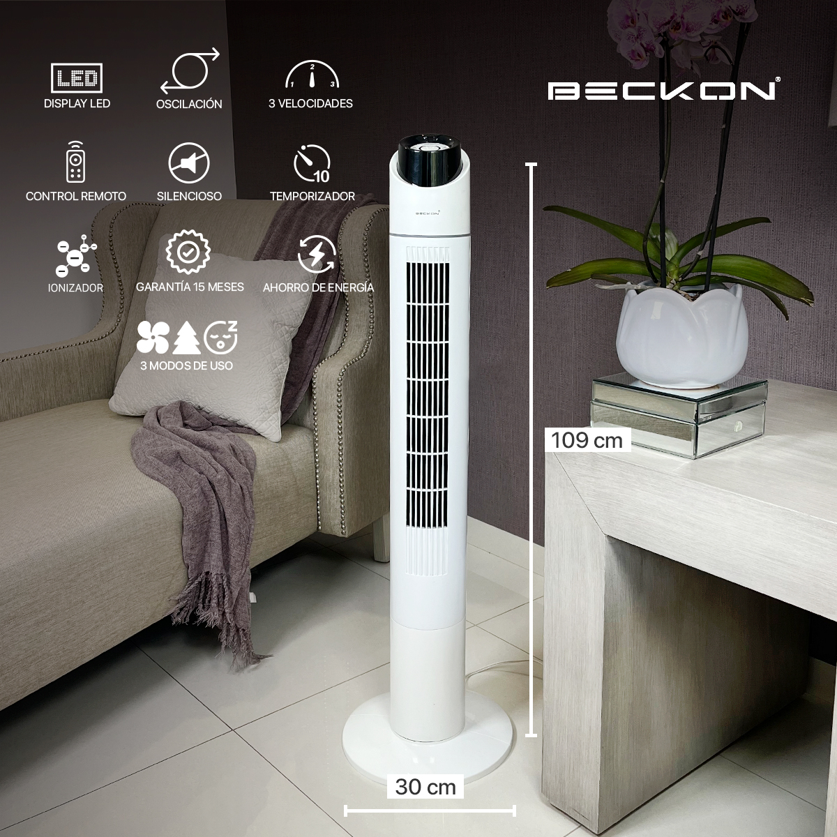 Ventilador de torre con ionizador Oscila 109cm Blanco + control remoto Beckon