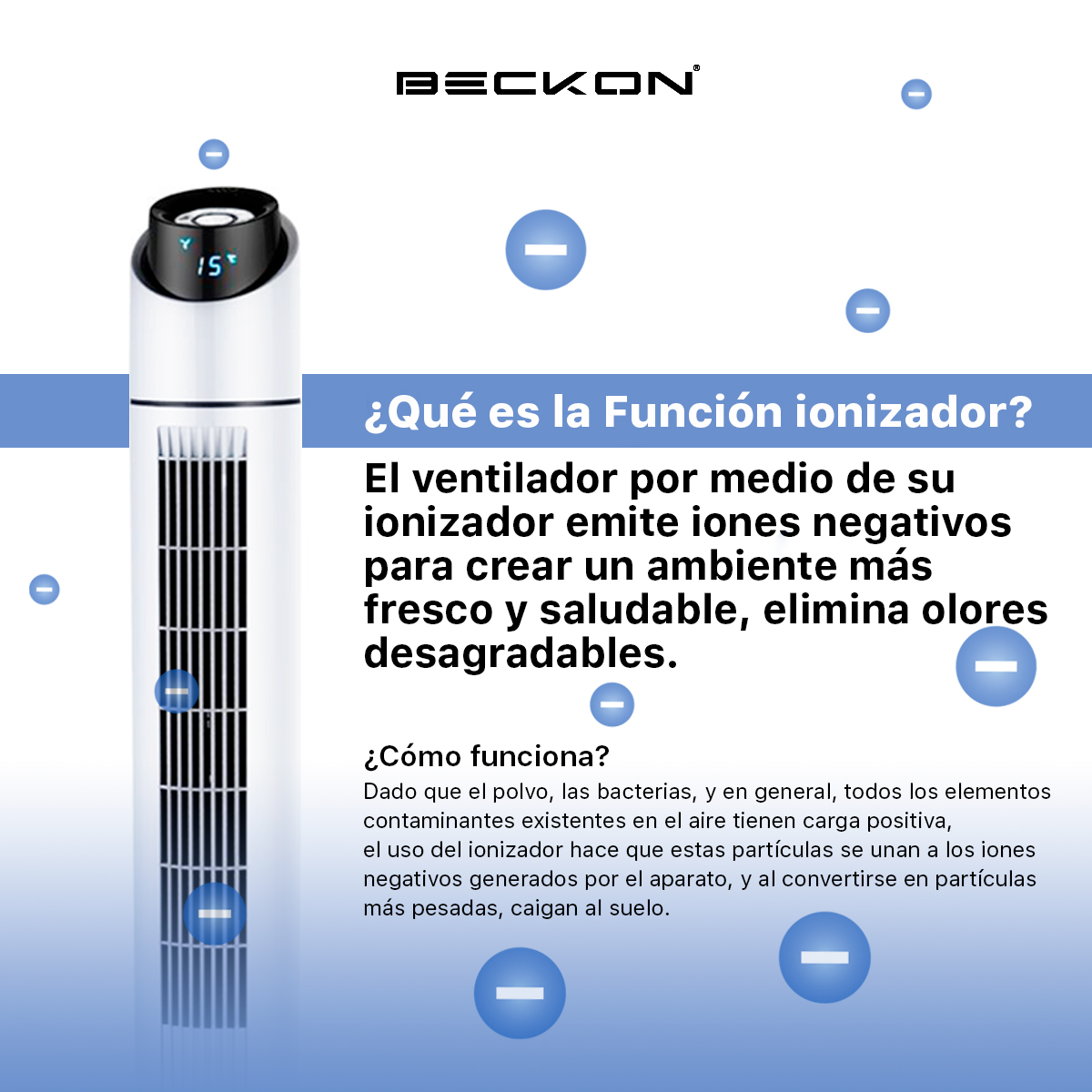 Ventilador de torre con ionizador Oscila 109cm Blanco + control remoto Beckon