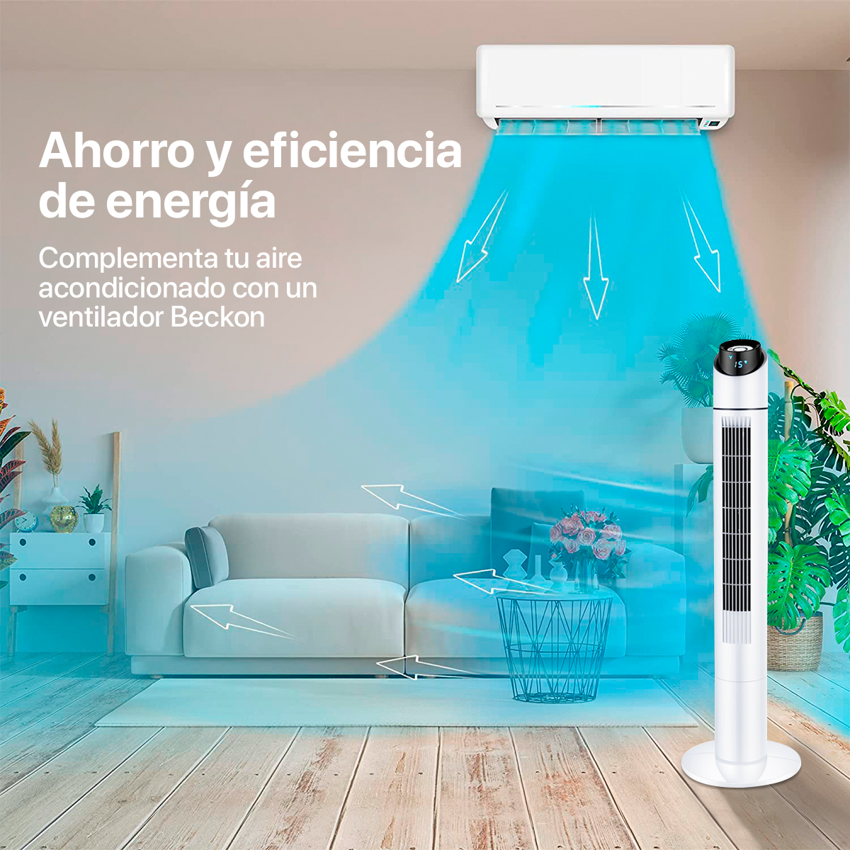 Ventilador de torre con ionizador Oscila 109cm Blanco + control remoto Beckon