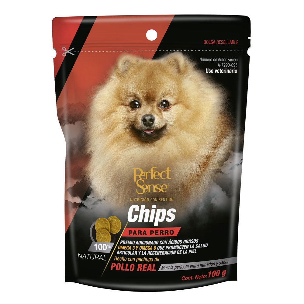 Perfect Sense Premios Chips Hechos con Pechuga de Pollo Real para Perros Adicionado con Ácidos Grasos Contiene 100 Gramos