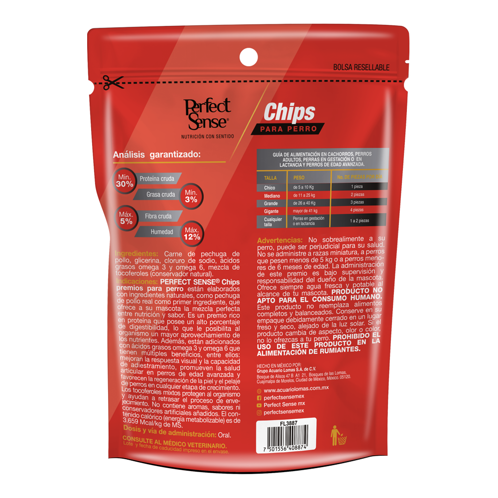 Perfect Sense Premios Chips Hechos con Pechuga de Pollo Real para Perros Adicionado con Ácidos Grasos Contiene 100 Gramos