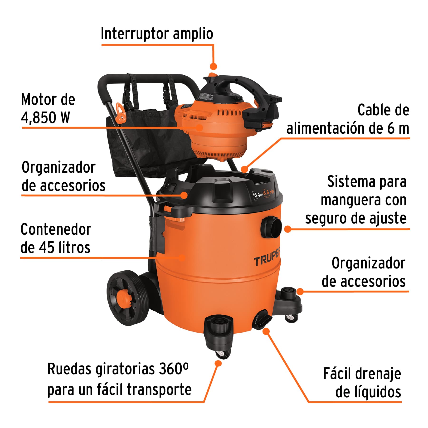 Aspiradora/sopladora de solidos y liquidos 16 gal, plastica