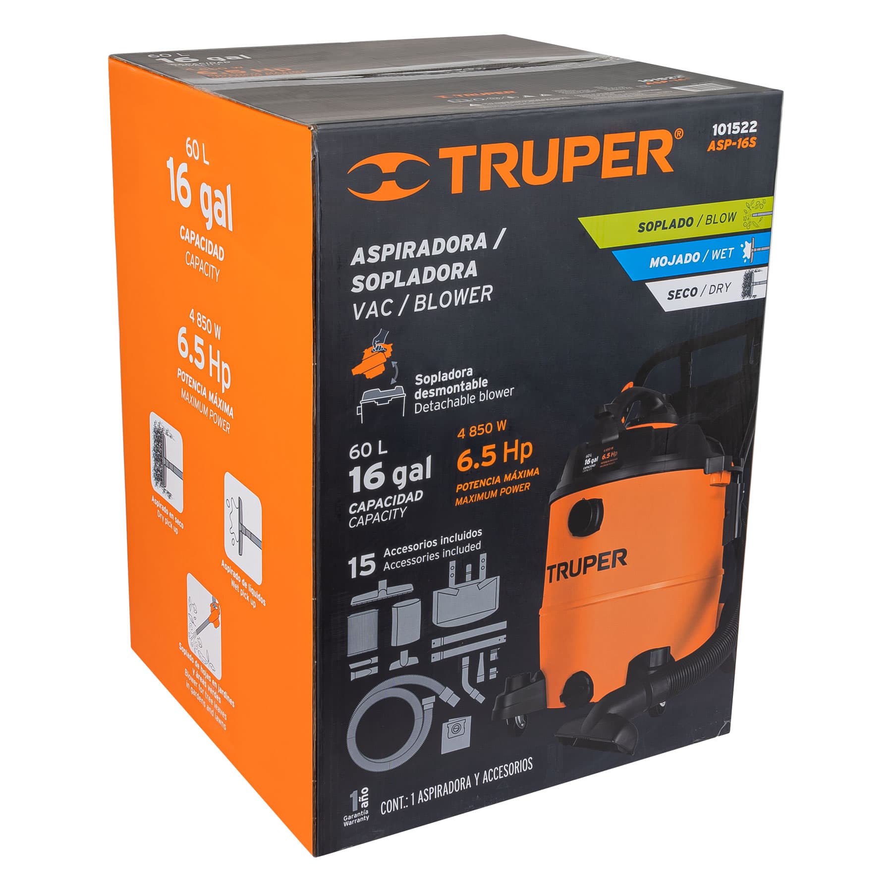 Aspiradora/sopladora de solidos y liquidos 16 gal, plastica