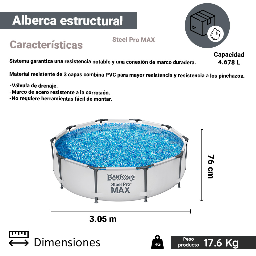 Alberca Piscina Armable Familiar Circular Gris 3.05 m x 76 cm Bestway