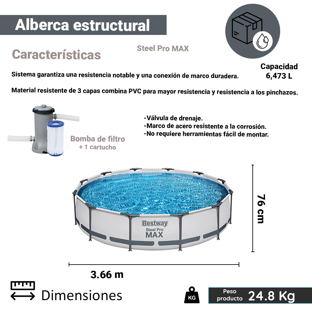 Alberca Piscina Estructural Armable Gris Circular Steel Pro 6,473 L con Filtro 366 x 76 cm Bestway 