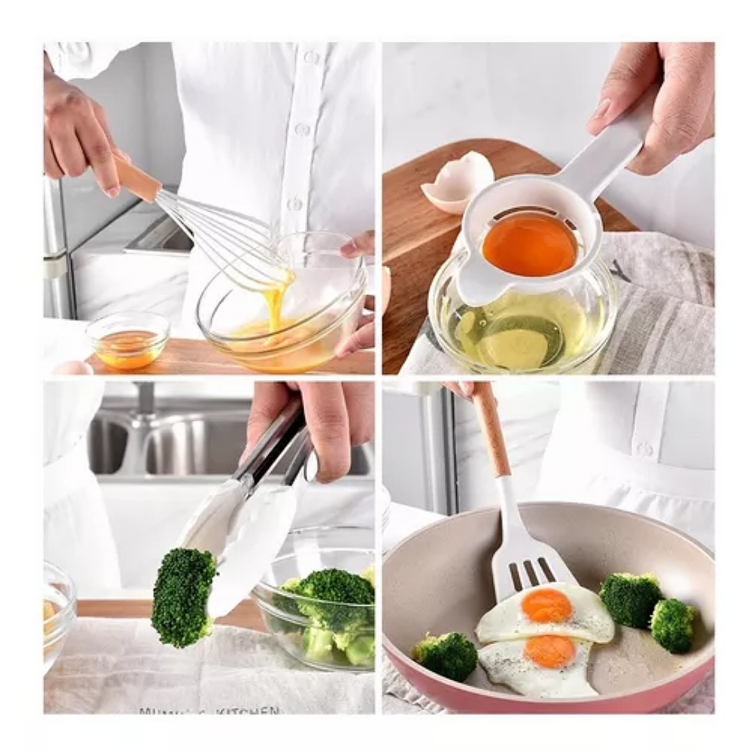 Utensilios De Cocina De Silicona Blanca Con Mango De Madera