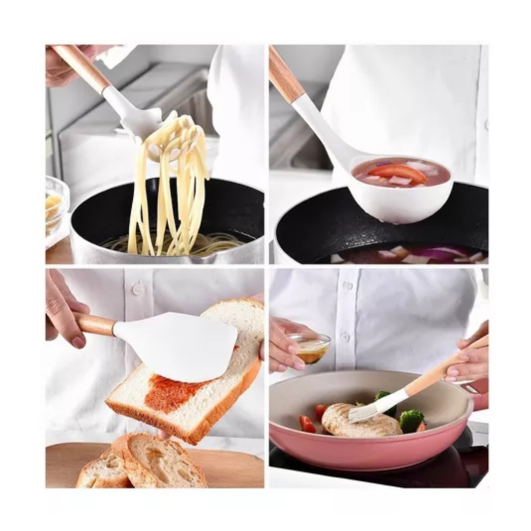 Utensilios De Cocina De Silicona Blanca Con Mango De Madera