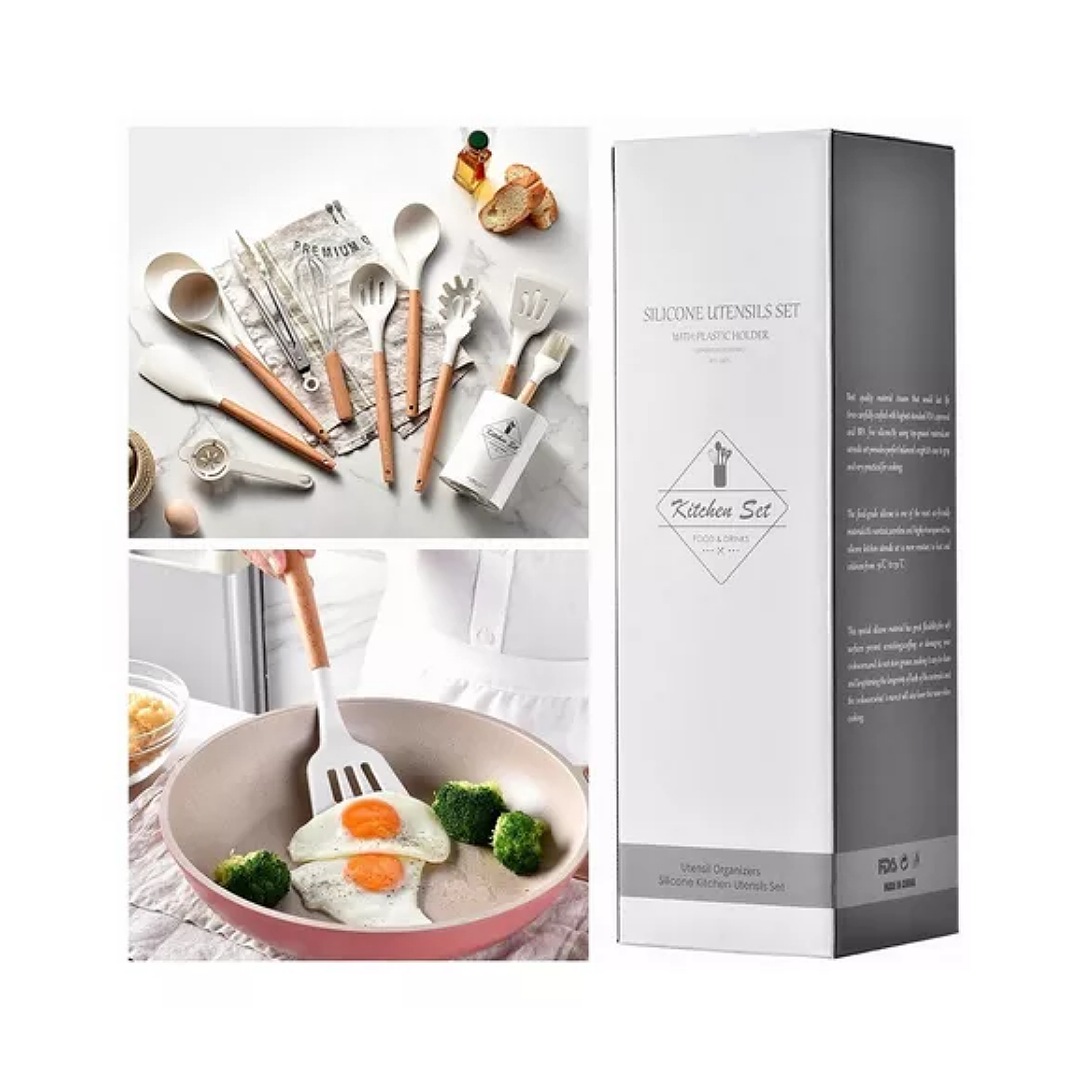 Utensilios De Cocina De Silicona Blanca Con Mango De Madera