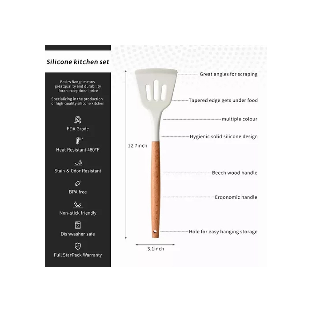 Utensilios De Cocina De Silicona Blanca Con Mango De Madera