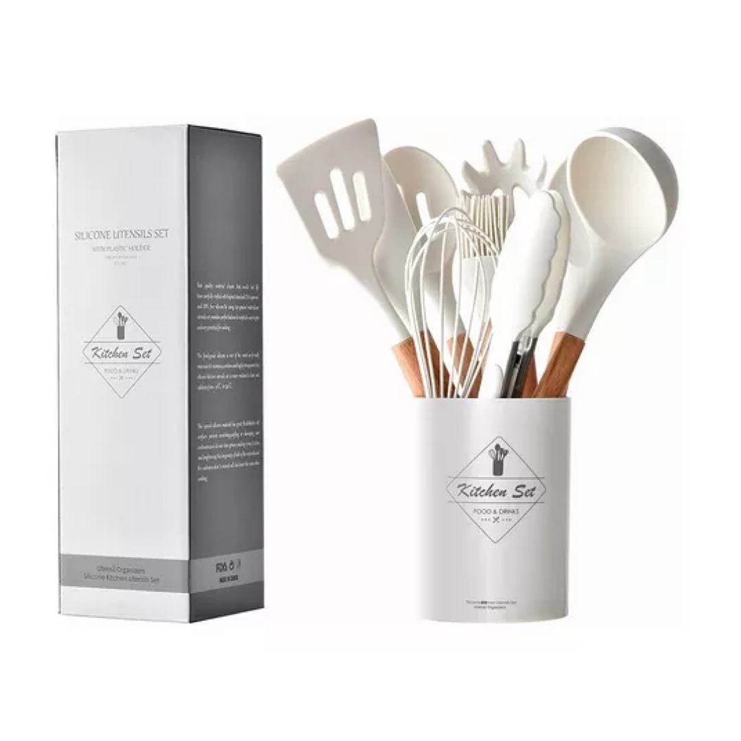 Utensilios De Cocina De Silicona Blanca Con Mango De Madera