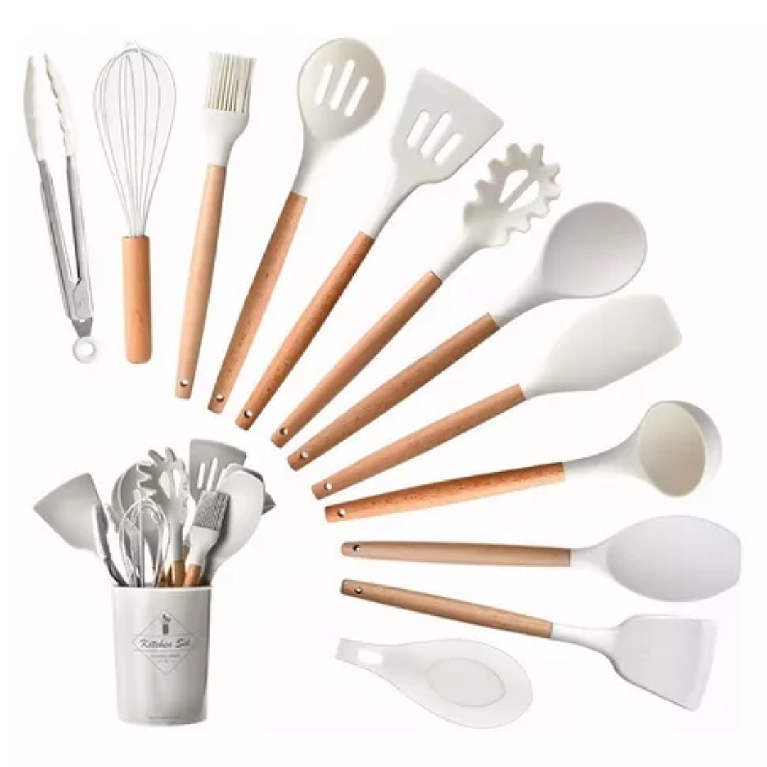 Utensilios De Cocina De Silicona Blanca Con Mango De Madera