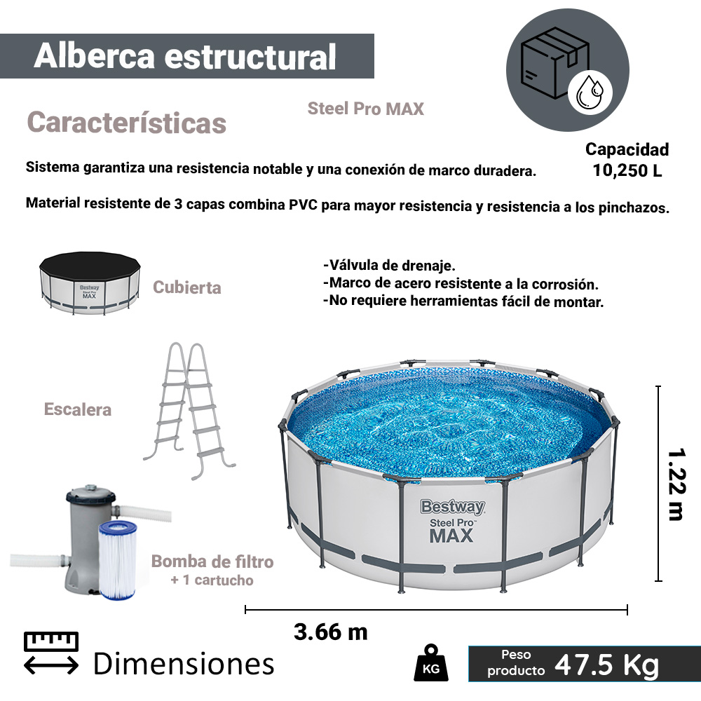 Alberca Estructural Redonda Bestway 122 Cm Con Bomba Gris