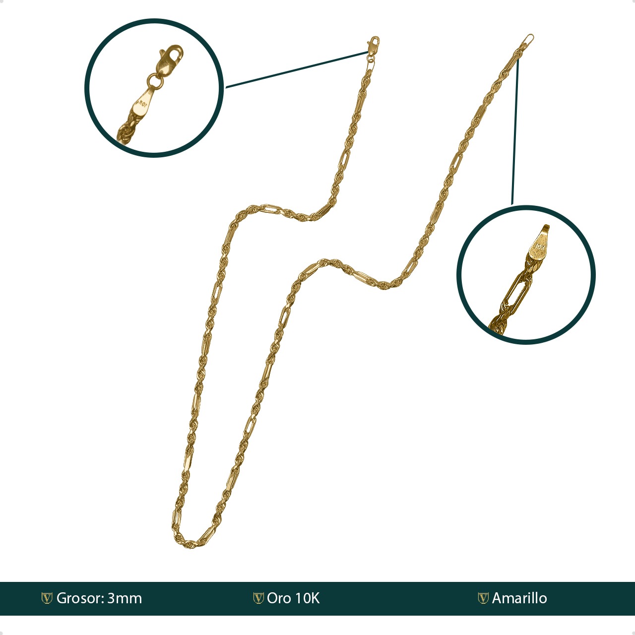 Cadena Torzal Figaro Italiana Oro 10k Torsal 55cm - 3.8mm