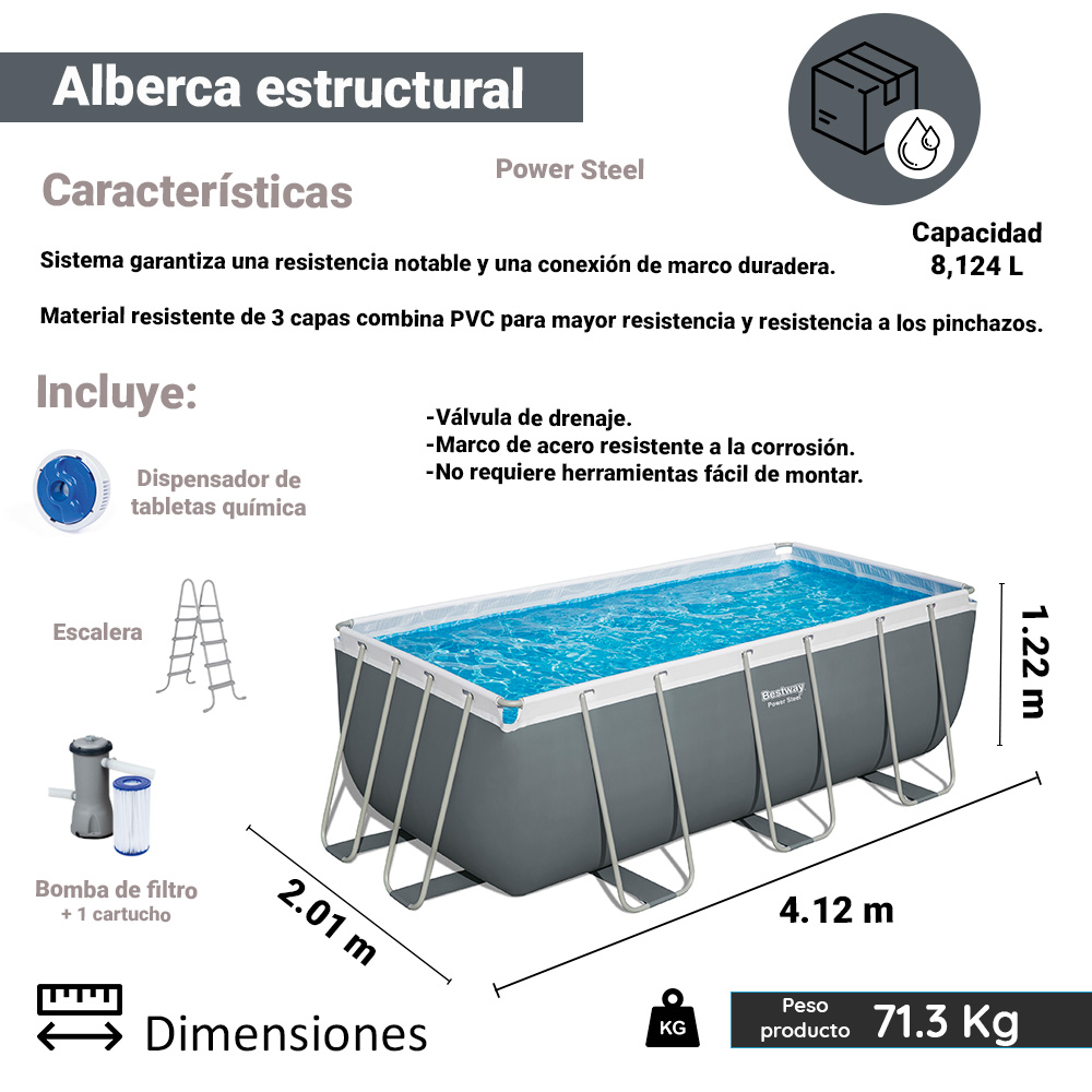 Alberca Estructural Rectangular Bestway 412 Cm Con Bomba Gris