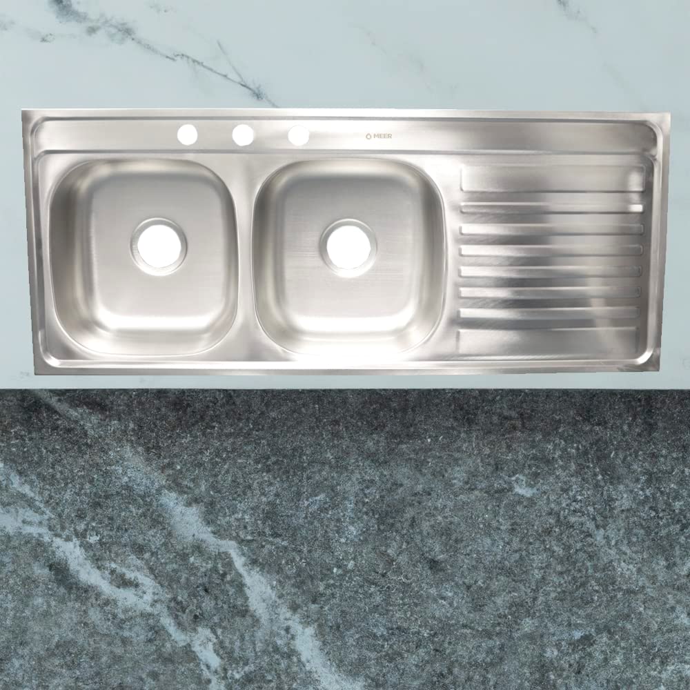 Tarja Doble con Escurridero DER, En Acero Inox 120x50 Incluye Kit de Instalación