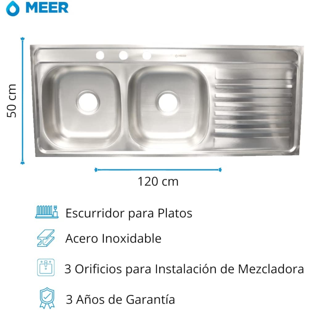 Tarja Doble con Escurridero DER, En Acero Inox 120x50 Incluye Kit de Instalación