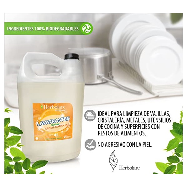 4 Litros Lavatrastes Orgánico Biodegradable Ecológico Aroma Naranja Herbolare