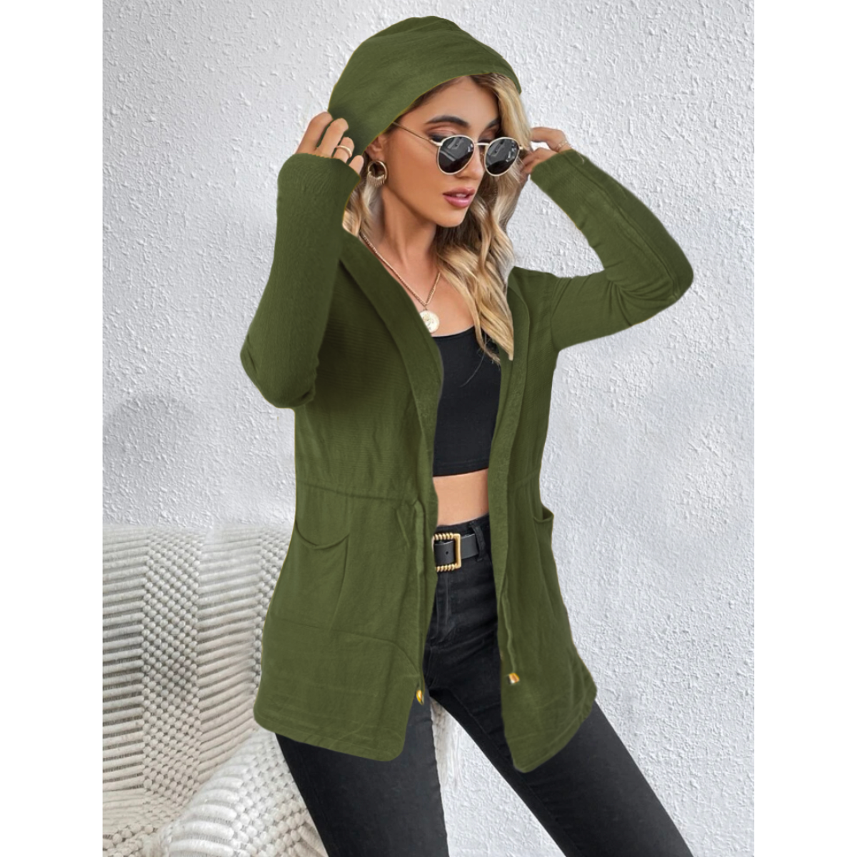 Cárdigan Mujer Largo Ensamble Dama Maxi Suéter Con Bolsas y Capucha.