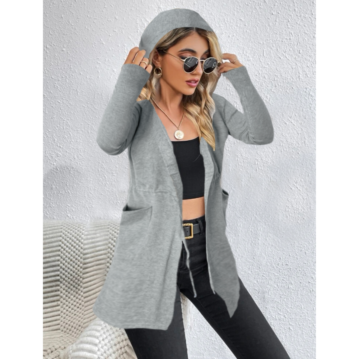 Cárdigan Mujer Largo Ensamble Dama Maxi Suéter Con Bolsas y Capucha.