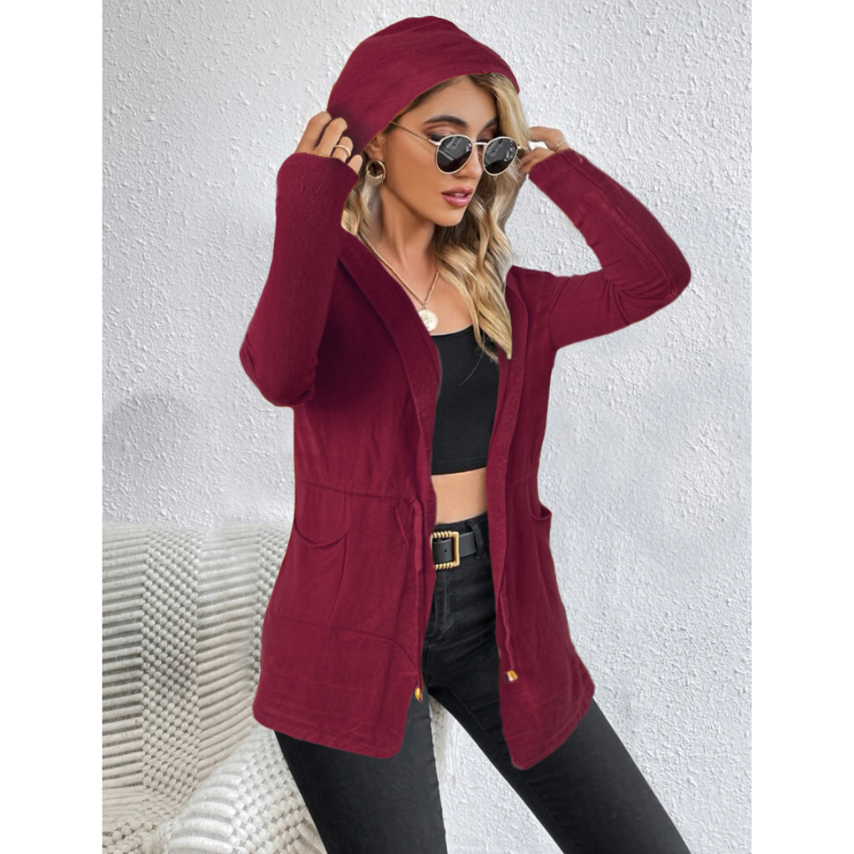 Cárdigan Mujer Largo Ensamble Dama Maxi Suéter Con Bolsas y Capucha.