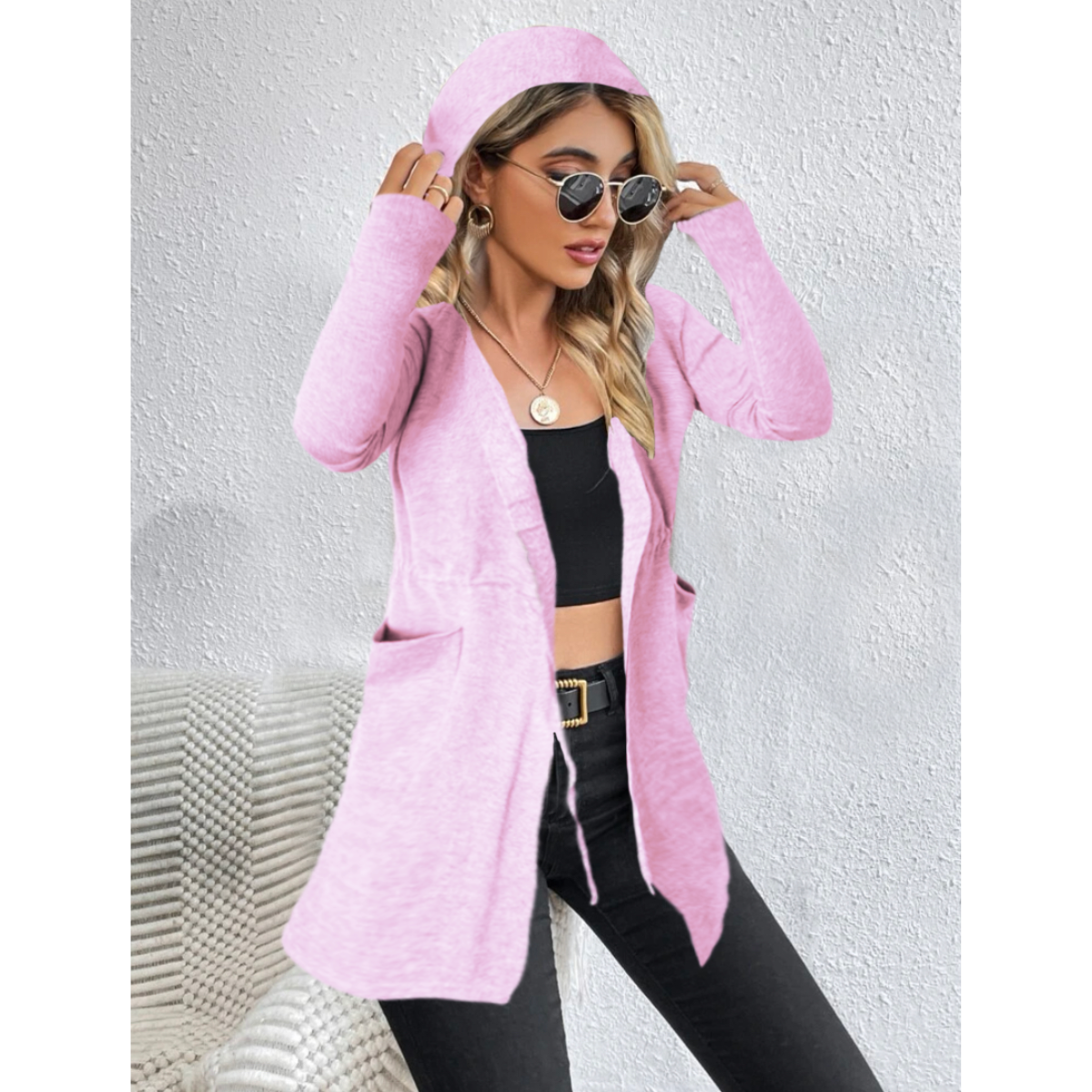 Cárdigan Mujer Largo Ensamble Dama Maxi Suéter Con Bolsas y Capucha.