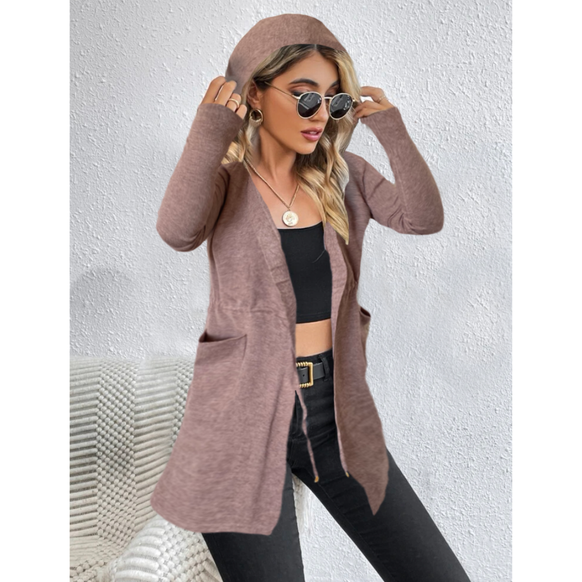 Cárdigan Mujer Largo Ensamble Dama Maxi Suéter Con Bolsas y Capucha.