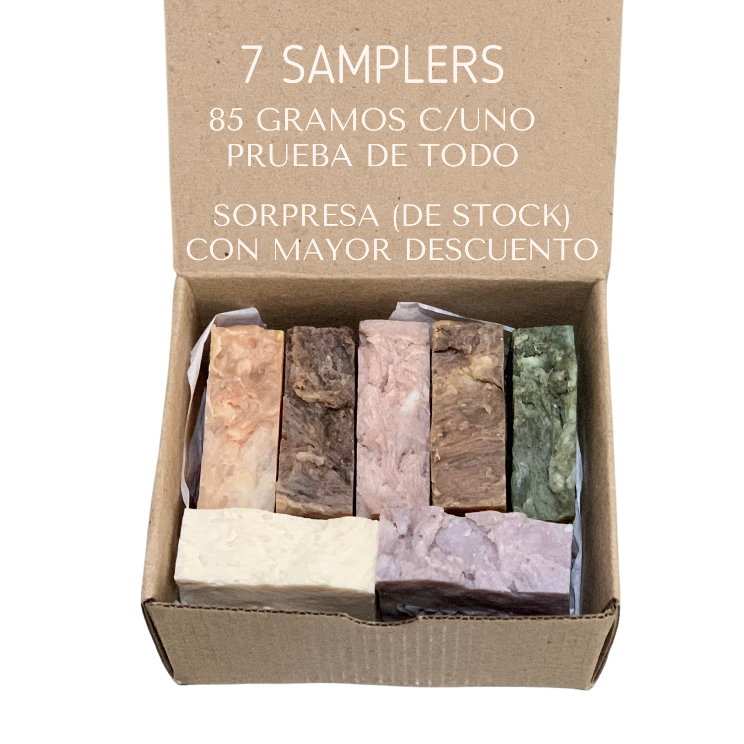 Kit 7 jabones artesanales ¡SORPRESA! 100% Naturales, con aceites esenciales y Ecofriendly. 85gr c/uno, total 600 gr. Entrega INMEDIATA!