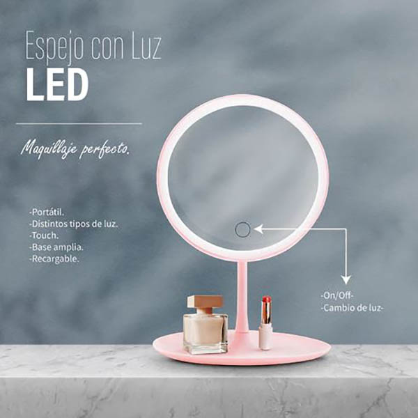 Espejo con luz led regulable tactil plegable para maquillaje 